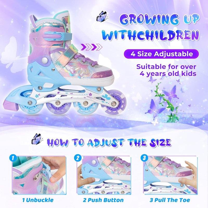 Inline Skates for Girls - Adjustable 4 Size Butterfly Roller Skates with Flashing Wheels | Indoor & Outdoor Use