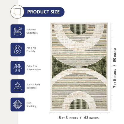Abani Mid-Century Green Arch Washable Area Rug – 5' x 8' – Modern Geometric Design – Ivy Collection – Non-Shedding, Easy to Clean – Durable for High Traffic Areas – Living Room, Bedroom & Office
