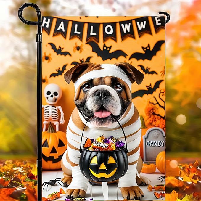 Halloween Dog Garden Flag12x18 Double Sided Vertical Flag Mummy Bulldog Garden Flag for Outside Fall Halloween Decorative Flag Halloween Seasonal Holiday Yard Patio Garden Banner