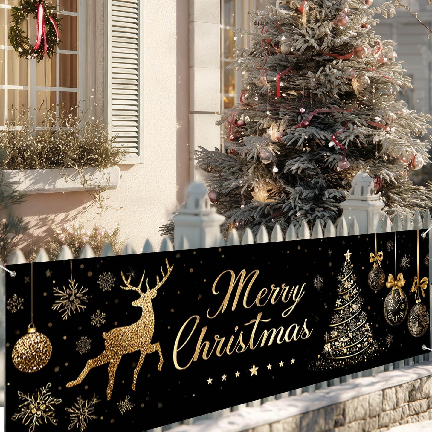 HOMETITUTE Large Merry Christmas Banner 118x35 Inch Black Gold Christmas Banner with Reindeer Tree and Ornaments for Holiday Party Wall Yard Garden Indoor Decoration Backdrop Display