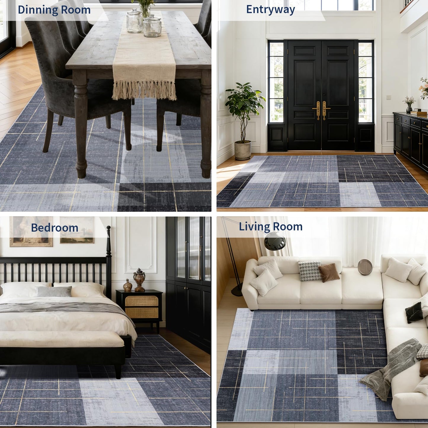 YIHOUSE 6x9 Geometric Checkered Abstract Modern Area Rugs for Living Room,Contemporary Washable Rugs with Gold Striped,Blue and Grey White Carpet for Bedroom Living Room