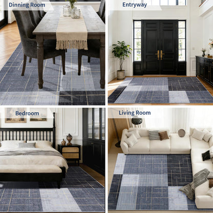 YIHOUSE 6x9 Geometric Checkered Abstract Modern Area Rugs for Living Room,Contemporary Washable Rugs with Gold Striped,Blue and Grey White Carpet for Bedroom Living Room