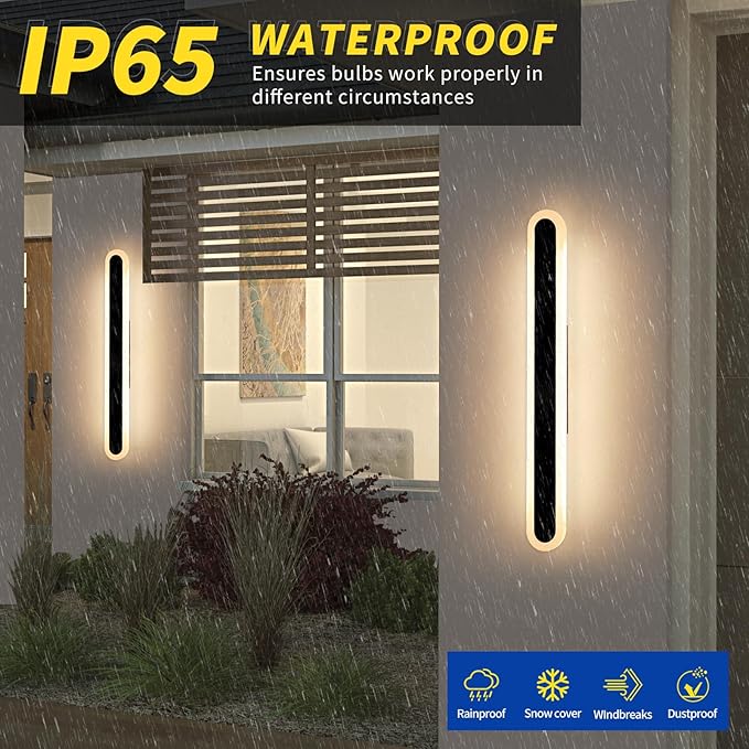 2 Pack 31.4inch Long Linear Outdoor Wall Light, 3000K-6000K Dimmable Modern Wall Mounted Sconce, IP65 Waterproof, Black Oval Exterior Lighting Fixture for Garage, Patio, Porch, Garden