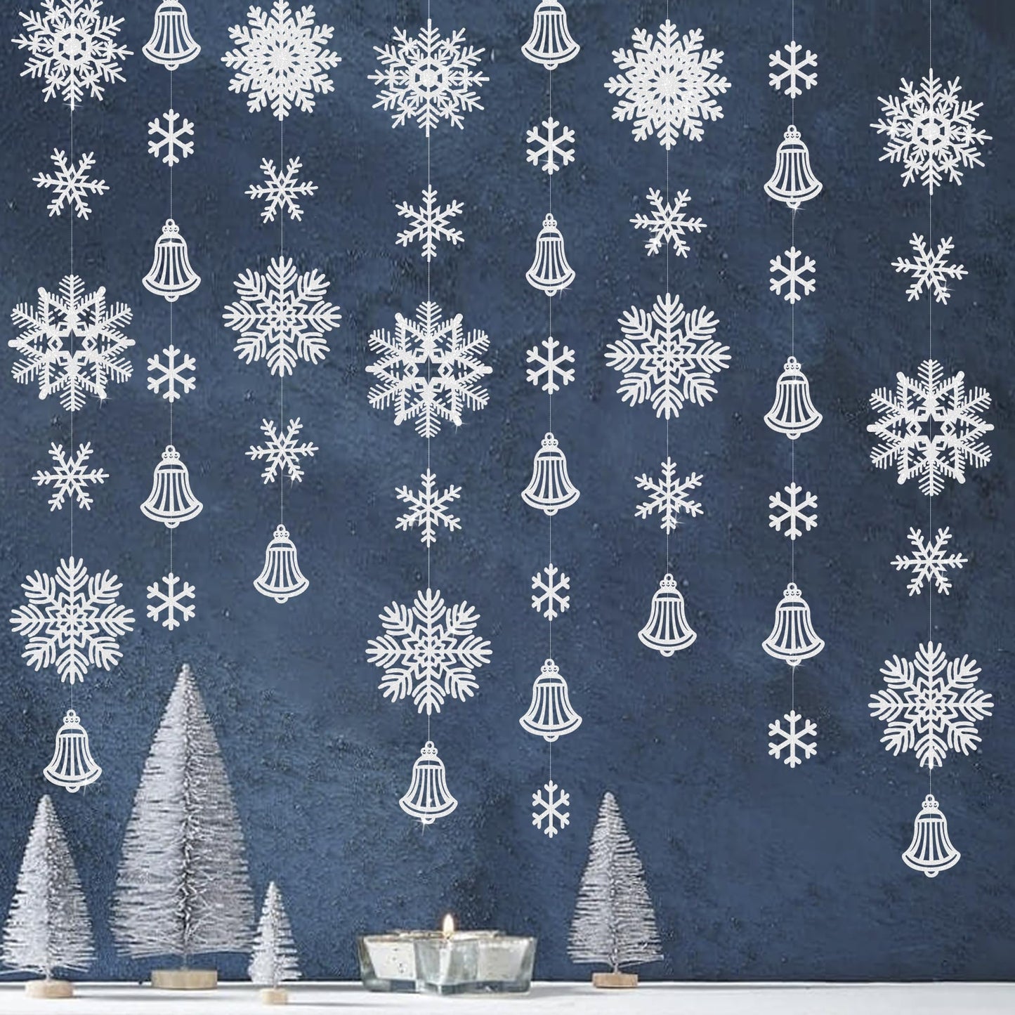 40Ft White Snowflakes Bell Garland Glitter Paper Big Snowflakes Hanging Streamer Backdrop for Winter Wonderland Christmas Holiday Birthday Home Window Wall Room Decor
