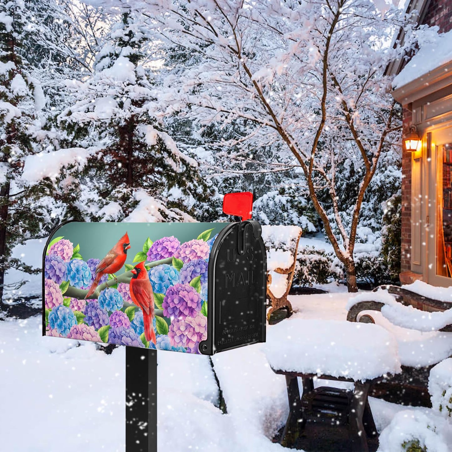 Summer Hydrangea Mailbox Cover Spring Cardinal Bird Mailbox Covers Magnetic Standard Size 21x18 in Blue Purple Floral Post Letter Box Cover Wrap for Home Farmhouse Garden Decor