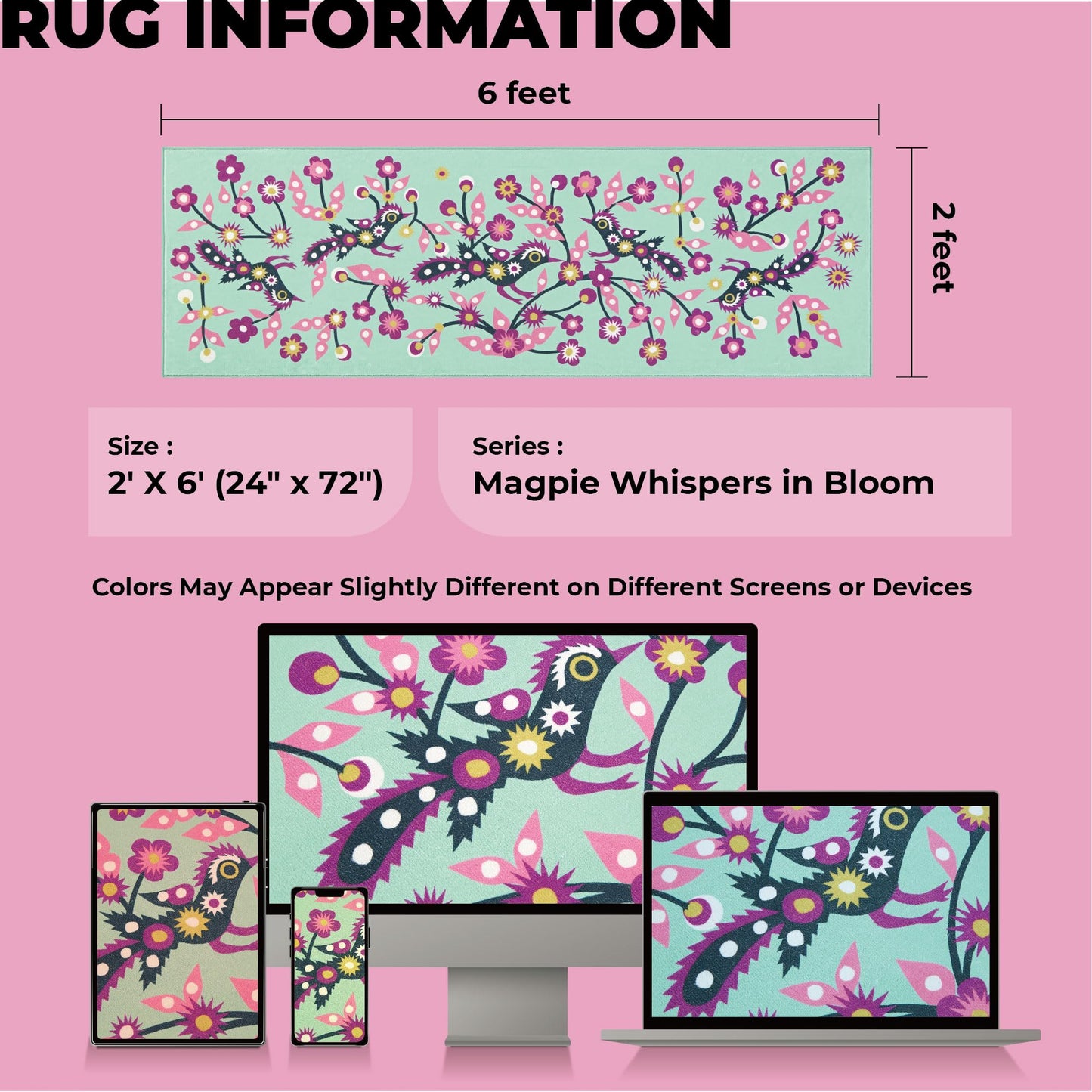 Jianhua Goddess 2x6 Runner Rug, Magpies Pattern Series Inspired by Ku Shulan Paper-Cut, Machine Washable Indoor Floral Folk Art Accent Rug with Non-Slip Backing for Hallway, Entryway, Bedside