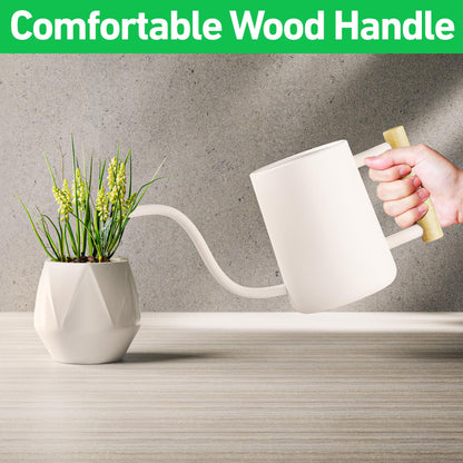 35 oz Metal Small Indoor Watering Can with Long Spout & Real Wood Handle for House Plants, Succulents, Cacti & Seedlings - White Long Spout Watering Can Indoor Plants - Stylish, Gentle Flow, No Spills