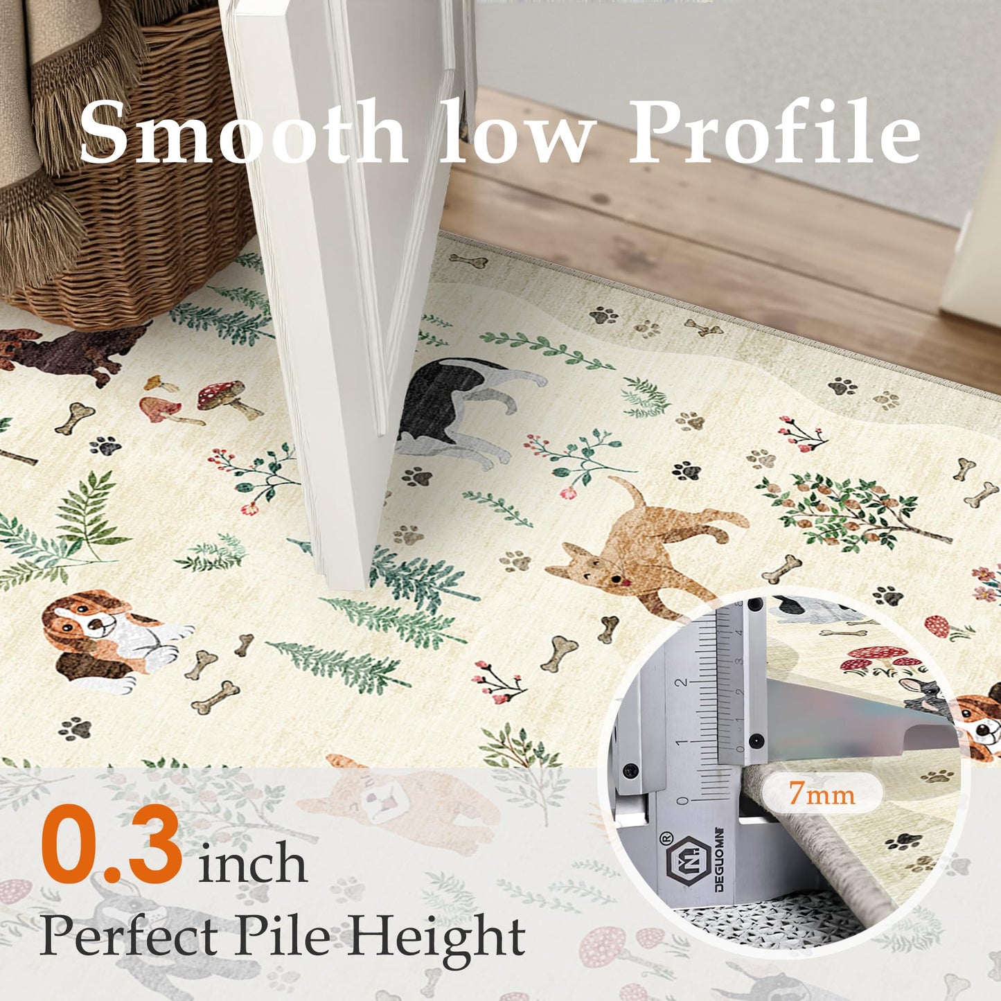 PureCozy 4x6 Entryway Area Rug Washable Floral Animal Office Carpet Non Slip Low Pile Stain Resistant Door Mat Soft Beige Dog Printed Throw Floor Cover for Kitchen Bedroom Living Dining Room