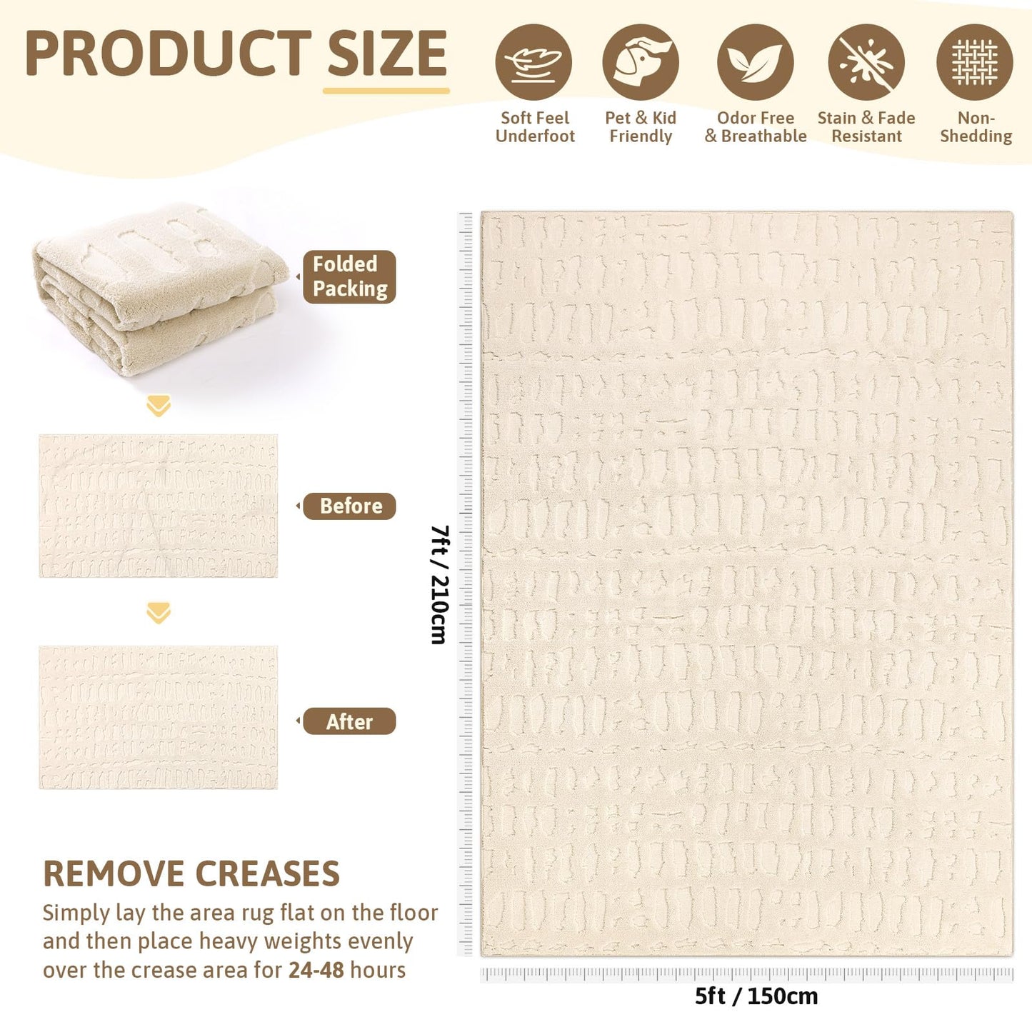 Yamaziot 5x7 Washable Area Rug, High-Low Grid Textured Living Room Rugs, Soft Fluffy Non-Slip Mats Stain Resistant Contemporary Boho Carpet for Dining Room, Kids Nursery Room, Bedroom, Office