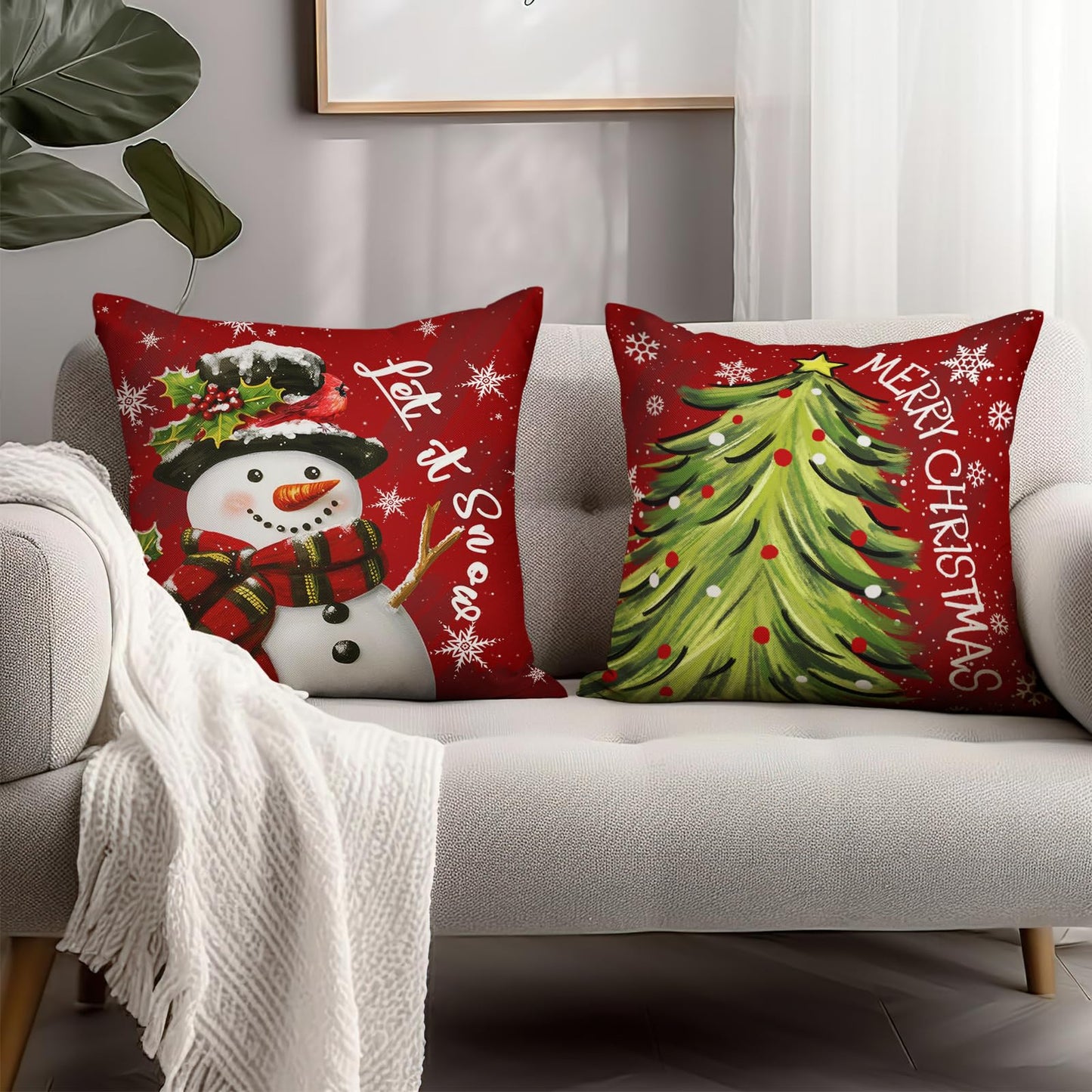 Cryfox Xmas Snowman Pillow Covers 18x18 Pillow Cases Winter Christmas Tree Pillow Cover Set of 2 Holiday Cushion Case Xmas Decoration for Couch Bed Sofa
