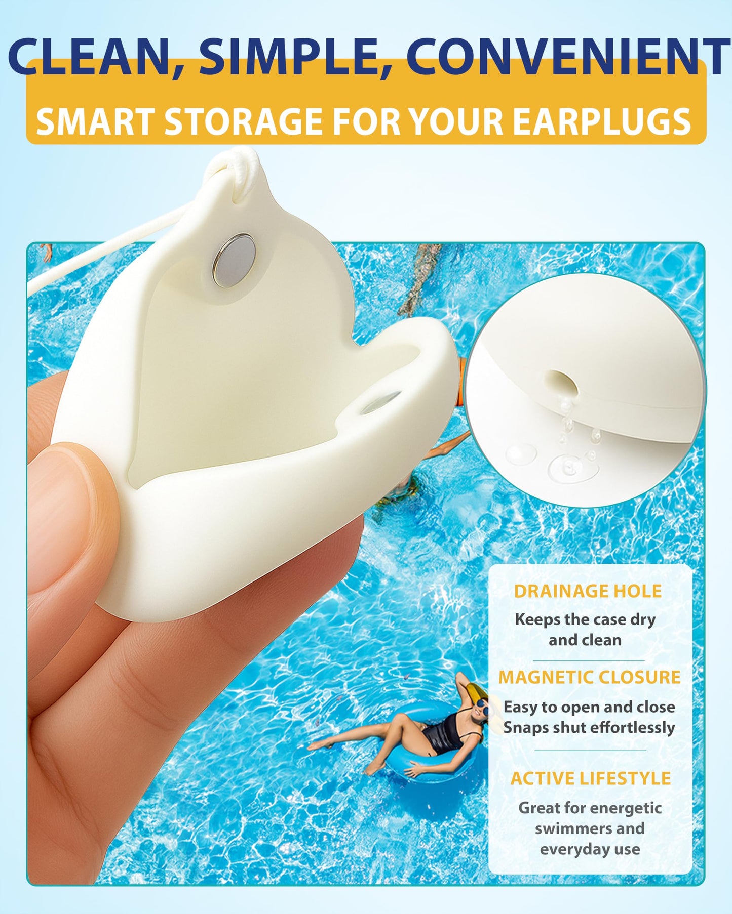 Swimming Ear Plugs, Soft Silicone Waterproof Earplugs with Strap & Custom Case,Reusable Swim Earplugs for Swimming Surfing Snorkeling and Other Water Sports (Adults & Teens 14+)