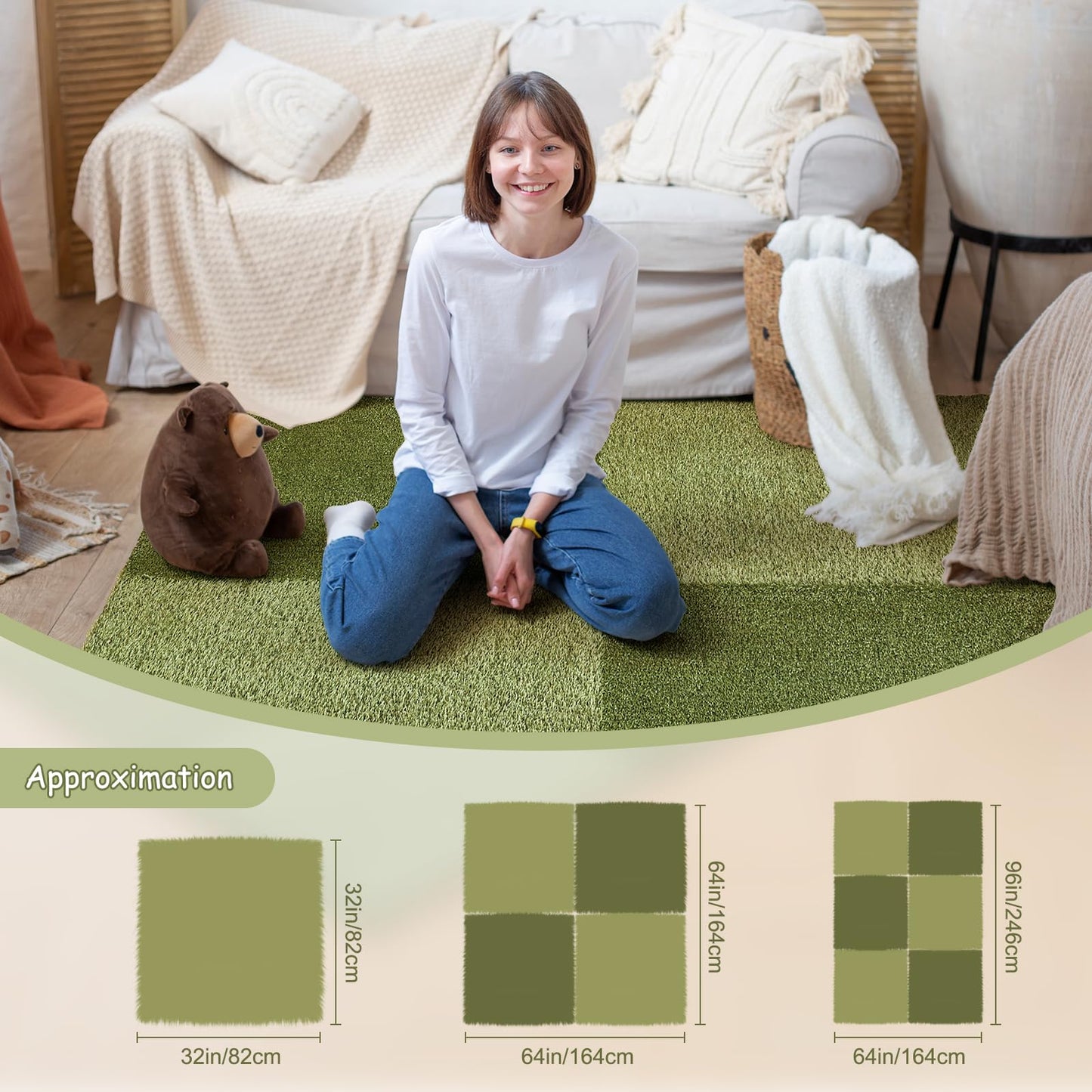 HAGiHARA Japanese Tatami Mat, Patchwork Tatami Floor Mats,64" x 64" Foldable Square with Extra Long Pile, Fluffy Plush Anti Slip for Living Room, Bedroom,Baby Room(4 Pieces)