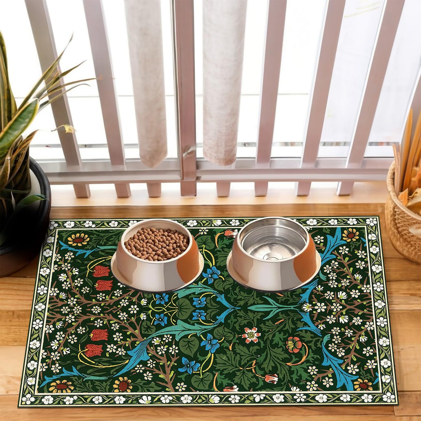 Pet Dog Cat Food Mat, Absorbent Dog Bowl Mat for Food and Water, Quick Dry Placemats Feeding Mats with Non Slip Rubber for Floors Indoor Puppy Pet Accessories Supplies 16 * 24 inch, Dark Flowers