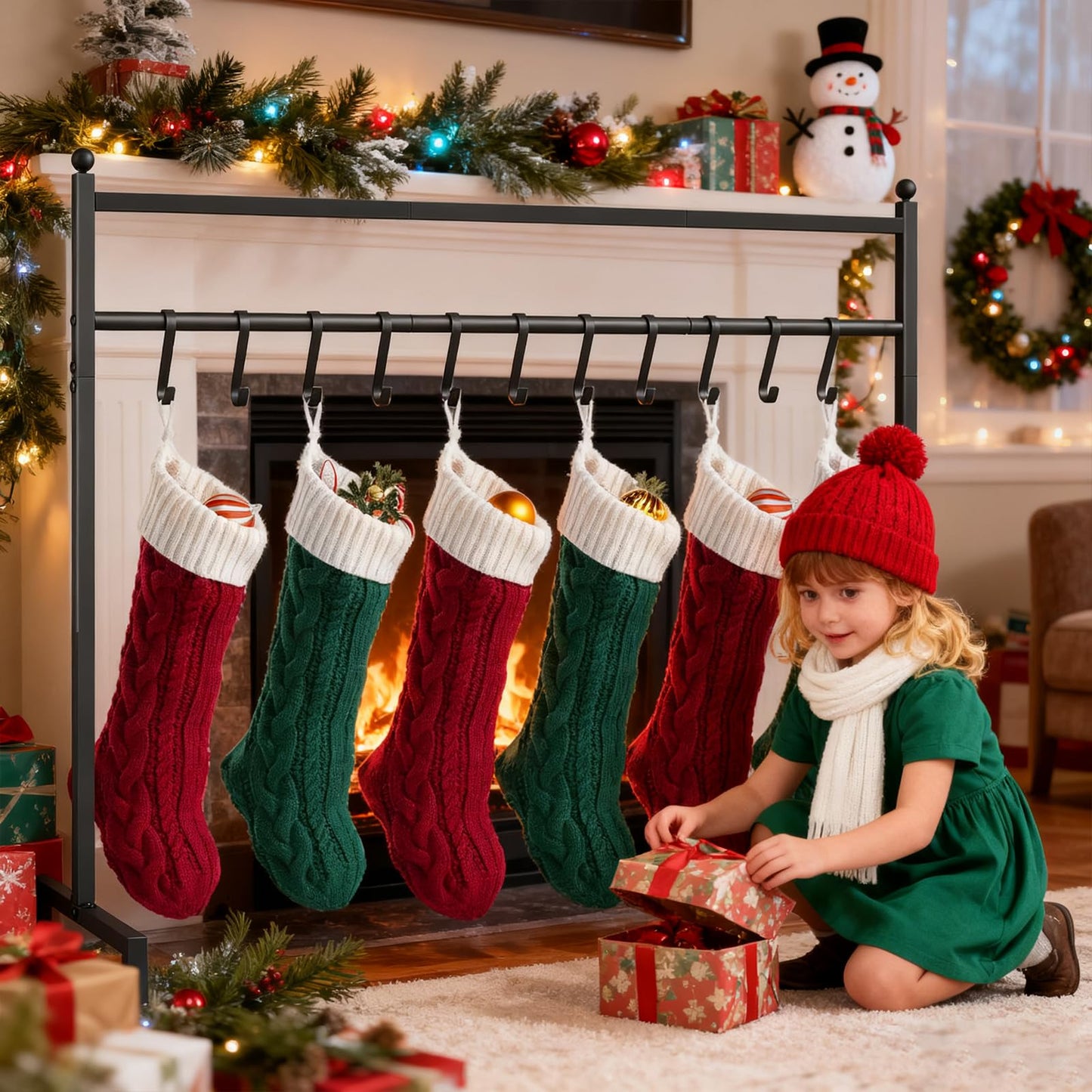 ELYKEN Christmas Stocking Holder Stand, Freestanding Stocking Rack with 12 Removable Hooks, Heavy Duty Metal Christmas Stocking Stand for Floor, Weighted Stocking Holder with Adjustable Feet, Black