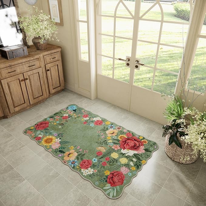 Washable Entryway Small Area Rugs: Door Mat Indoor Entrance 3x5 Floral Rug Ultra Thin Stain Resistant Non Slip Low Pile Lightweight Carpet for Kitchen, Front Door, Kids Room Decor (Green)