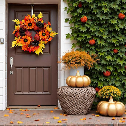 20-inch Fall Wreath, Battery Operated Autumn Wreath with 20 Fairy Lights, Sunflower, Pine Cones, Maple Leaves, Orange & Purple Berries