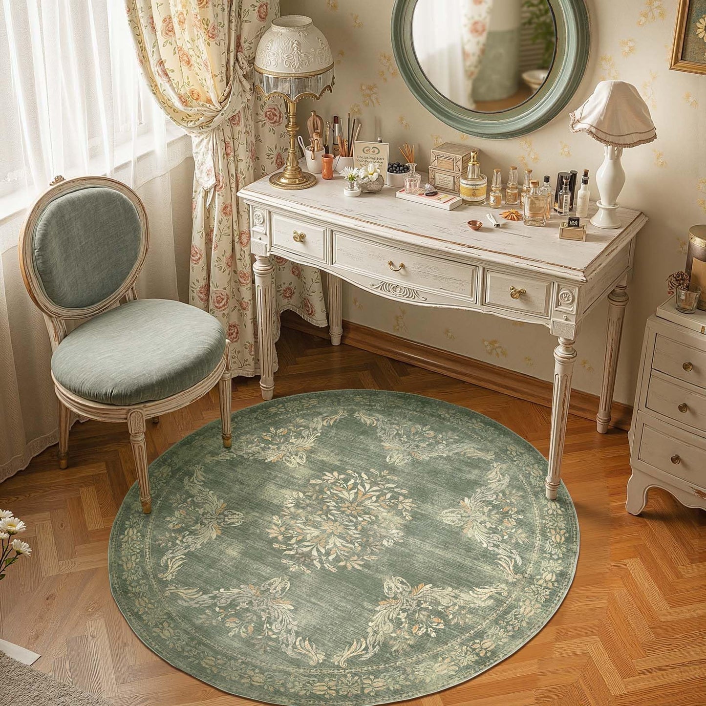 jinchan Round Rug 4ft Area Rugs Vintage Floral Distressed Design,Machine Washable Soft Non-Slip Low-Pile Ultra-Thin Circle Rug for Entryway Bedside Living Room Kitchen Nursery (4' Round,Dark Green)