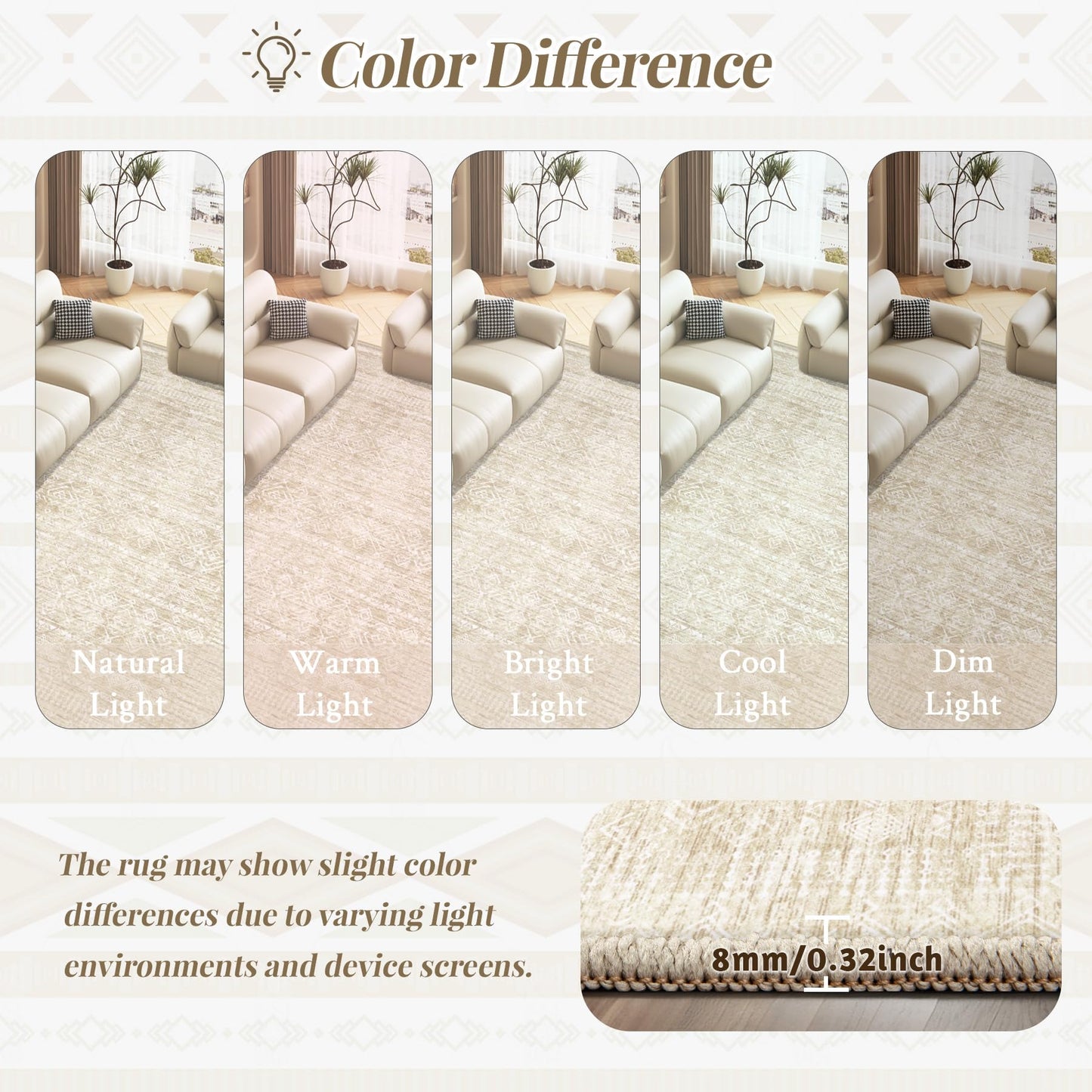 Washable Area Rug 5x7: Moroccan Rug for Living Room Geometric Boho Rug Farmhouse Non Slip Stain Resistant Rugs Low Pile Soft Carpet for Bedroom Dining Room Home Office Children Room (Beige,5'x7')