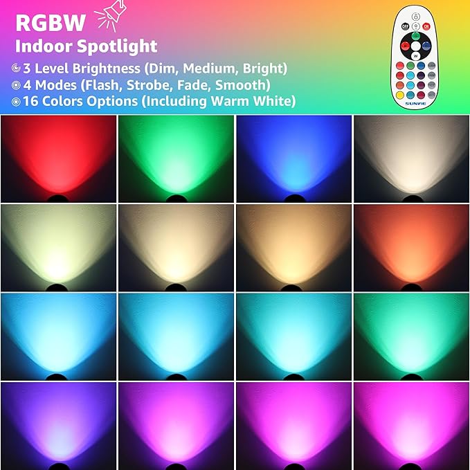 SUNVIE 6W RGBW Up Lights Indoor LED Spot Lights Indoor for Accent Lighting Color Changing Uplighting with Remote Control 120V 4.92FT Cord Spotlight Plug in with Stake for Plant Party Decor, 4 Pack