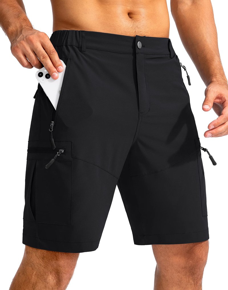 Pudolla Men's Hiking Cargo Shorts 9" Lightweight Outdoor Work Shorts for Men Travel Golf Camping Casual with 5 Zipper Pockets(Black Small)
