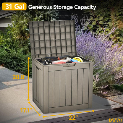 DWVO 30 Gallon Outdoor Storage Box, Weatherproof Lockable Resin Deck Box for Patio Furniture, Pool Accessories, Garden Tools, and Supplies - Brown
