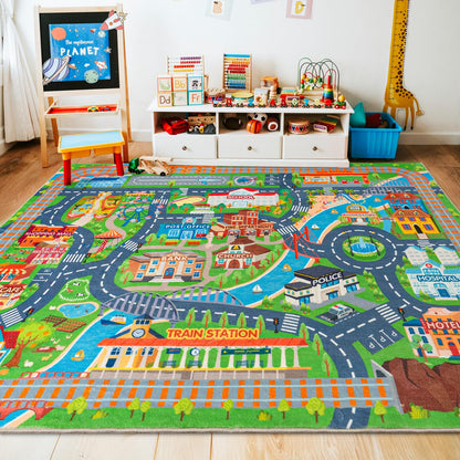 plumlik Car Rug Play Mat for Kids Toy Cars, Road Traffic Playmat for Kid Bedroom, Non-Slip Machine Washable Town City Race Track Carpet for Learn and Have Fun Classroom Rugs 4'x5'/ 48" x60