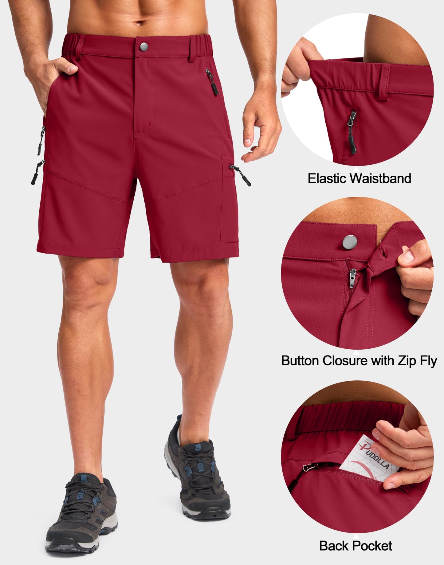 Pudolla Men's Hiking Cargo Shorts Lightweight 7" Travel Casual Shorts for Men Golf Work Outdoor with 5 Zipper Pockets(Red X-Large)