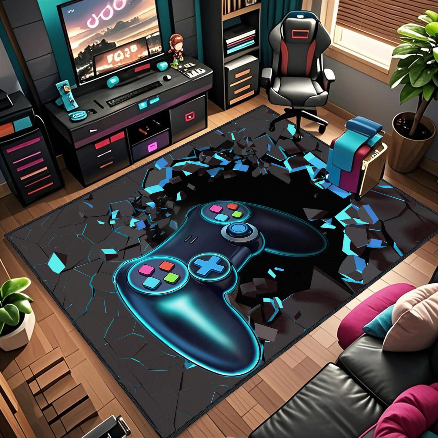 Rnmdn Gaming Rug for Room,5'x7' Non-Slip Cool 3D Gamer Rugs for Bedroom Livingroom and Game Room Decor