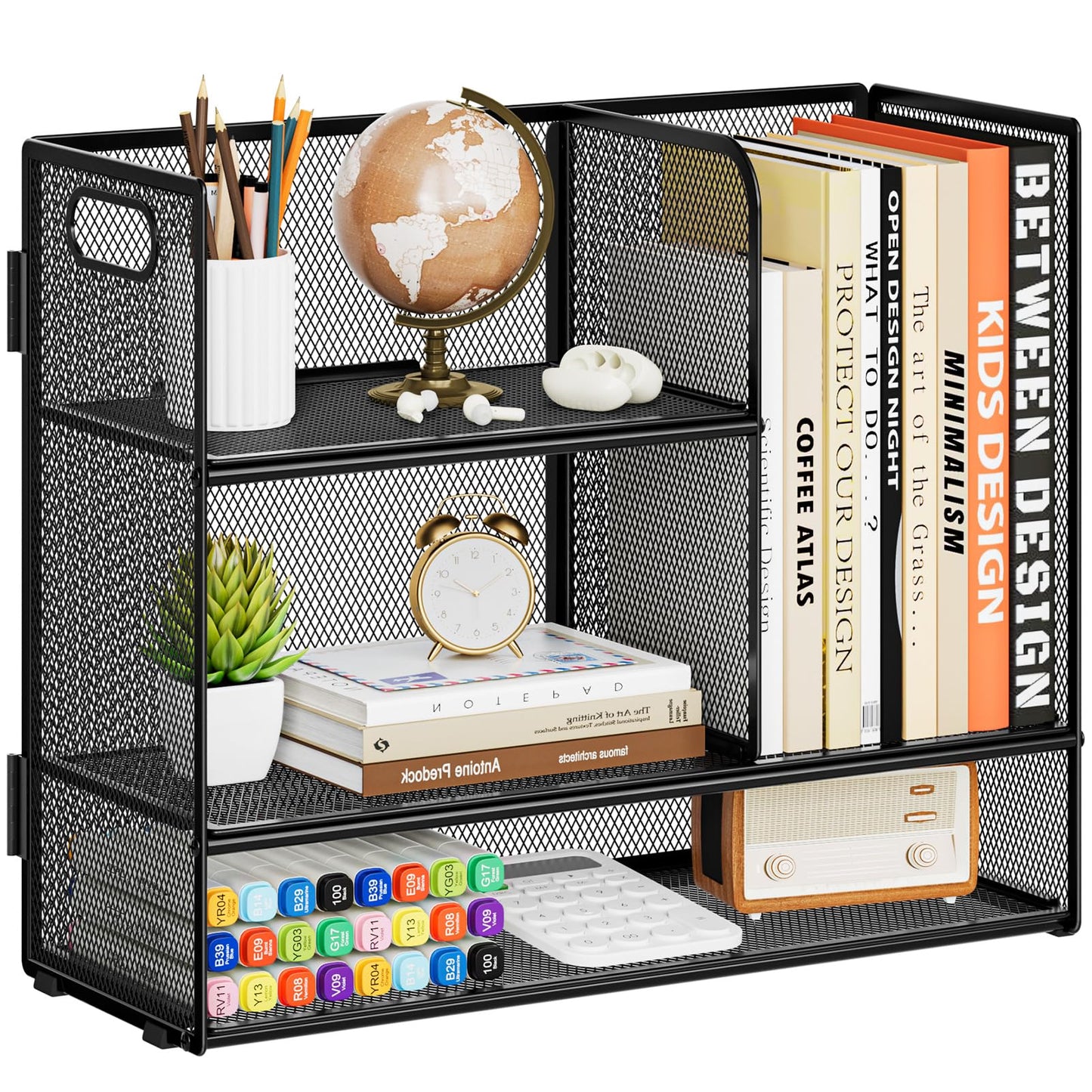 Marbrasse 3-Tier Desk Shelf Organizer with Handle, Desktop Bookshelf File Holder, Mesh Display Shelf Organizer Storage Rack for Office, Home, Supplies, Kitchen (Black)