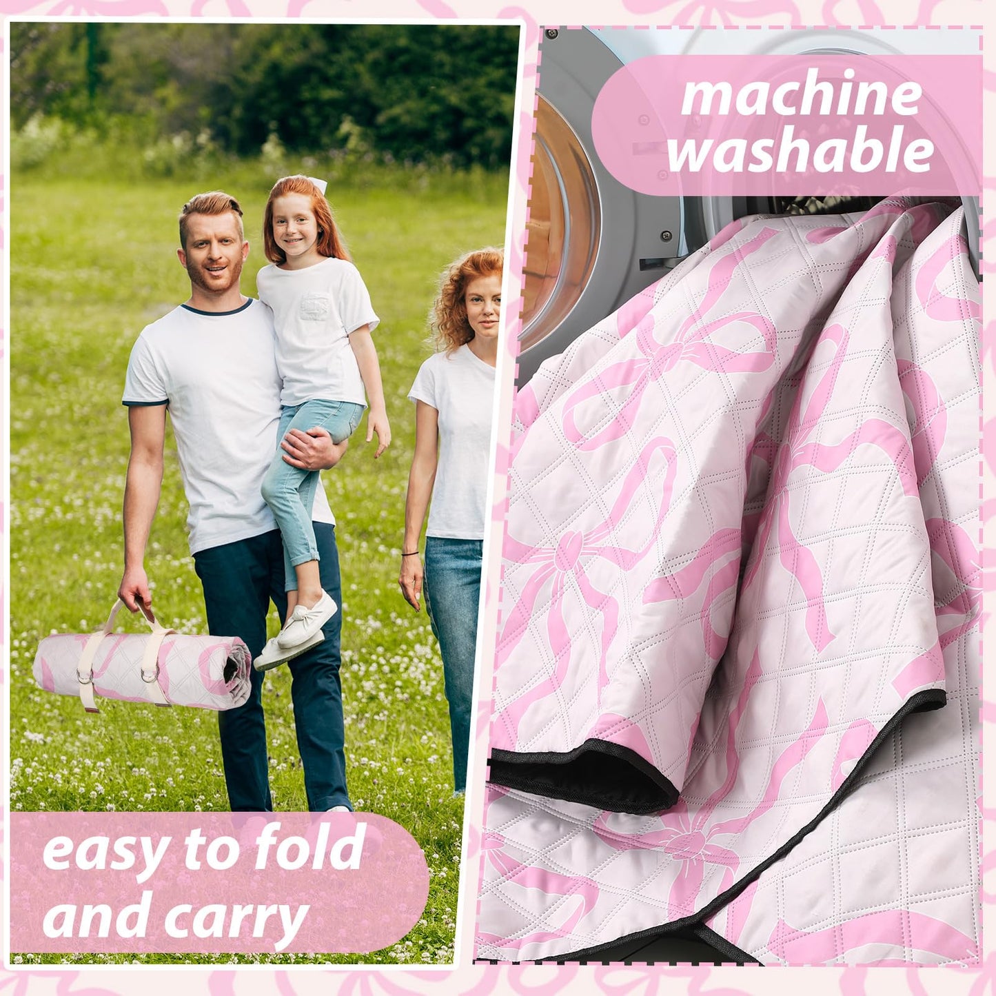 SmoothNovelty Pink Bow Picnic Blanket 80'' x 80'' Waterproof Extra Large Camping Blanket Coquette Picnic Mat Foldable Portable Preppy Outdoor Beach Mat with Carry Strap for Outdoor Grass Lawn Park