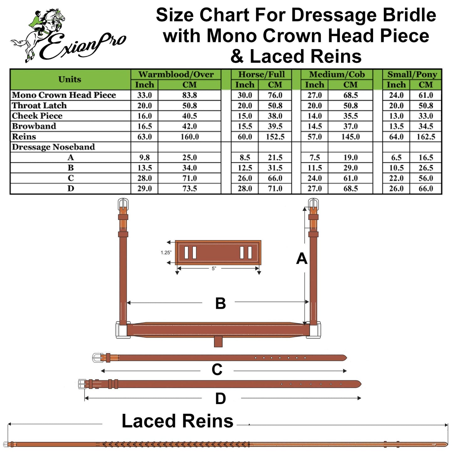 Exion Dressage Bridle with Anatomic Mono Crownpiece, Crank Noseband, Browband and Hand Stopper Reins for Horses
