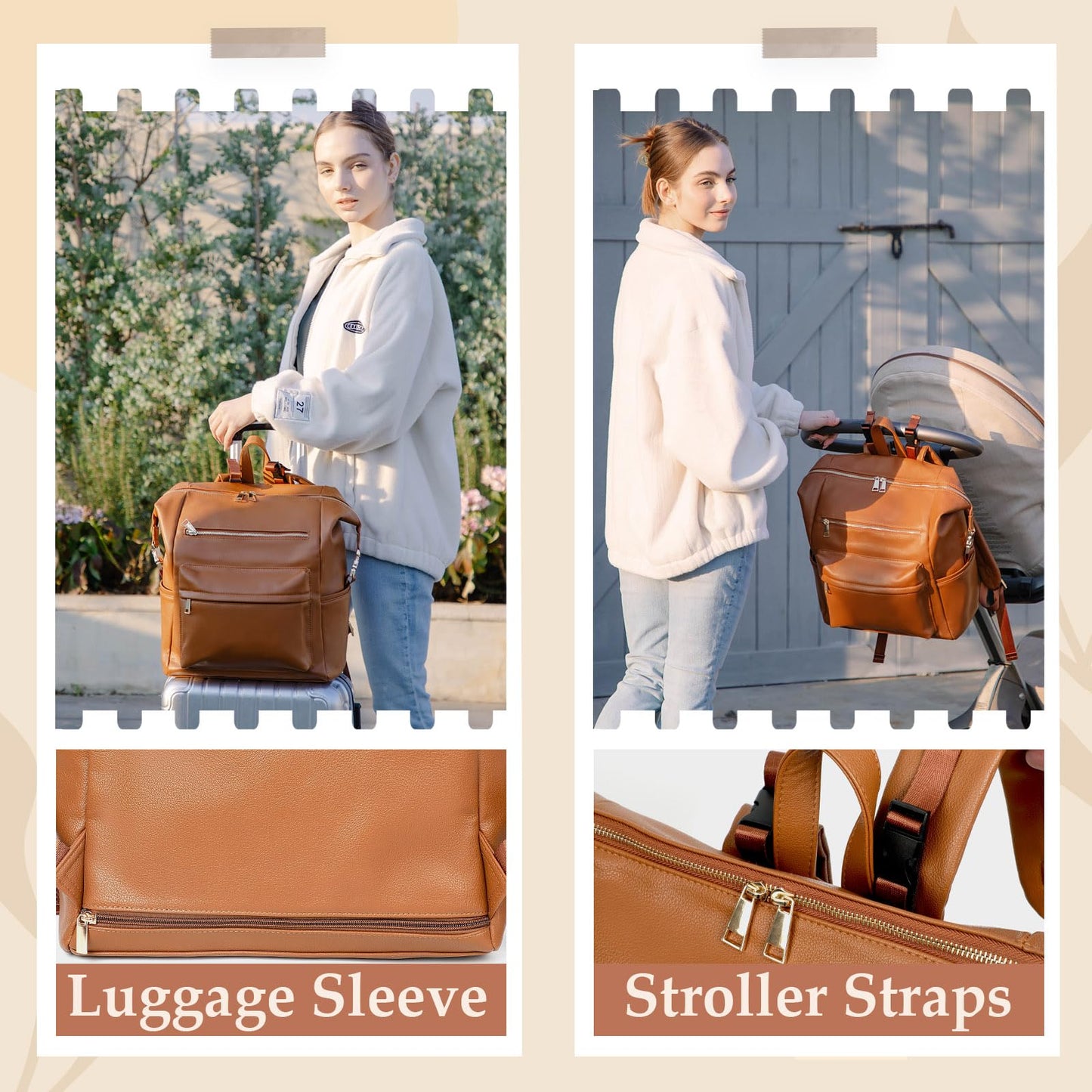 Omanmoli Diaper Bag Backpack Leather Backpack with 17 Pockets Travel Baby Diaper Bag,4 Insulated Pockets,Stroller Straps,Changing Pad,Brown