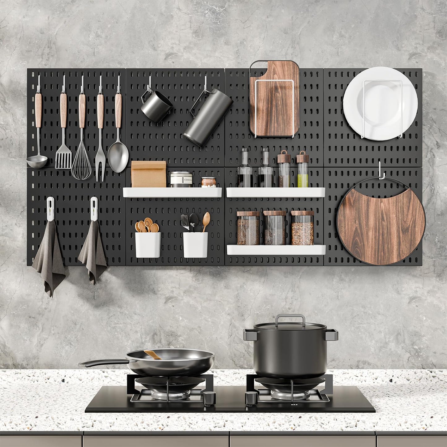 MULSAME Pegboard Combination Kit, Wall Mounted Storage Set with 8 Pegboards & 32 Accessories Hanging, Black Peg Boards Organizer for Walls Display, Crafts Organization, Kitchen Organizer, 22" x 44"