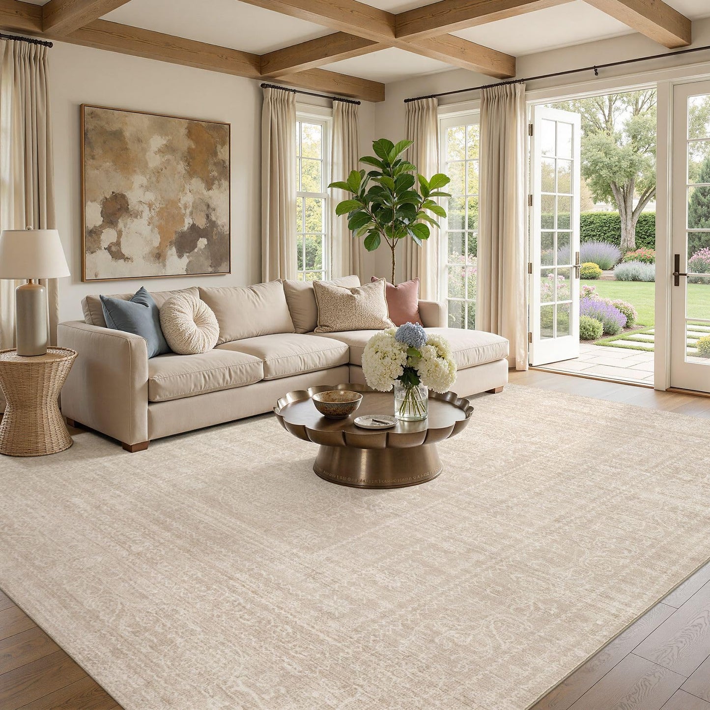 Nakagishi 10x14 Area Rugs Living Room: Washable Large Vintage Rug Neutral Non-Slip Soft Stain Resistant Indoor Carpet for Bedroom Nursery Dining Room Office Playroom - Beige