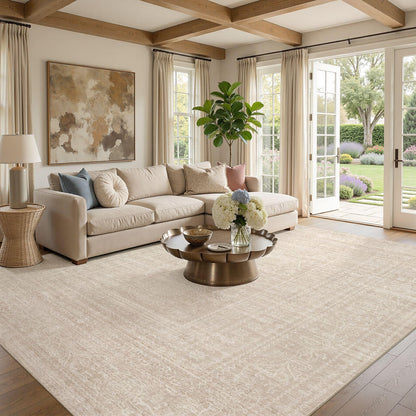 Nakagishi 9x12 Area Rugs Living Room: Washable Large Vintage Rug Neutral Non-Slip Soft Stain Resistant Indoor Carpet for Bedroom Nursery Dining Room Office Playroom - Beige