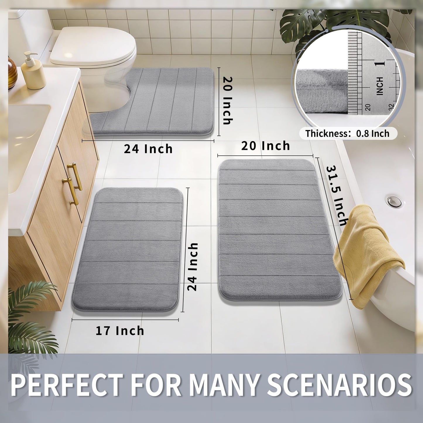 Yimobra Memory Foam Bath Mat, Super Soft Absorbent Bathroom Rug Non Slip 31.5x20 Inch, Quick Dry, Machine Washable Floor Carpet for Tub Shower, Home Decor Accessories, Gray