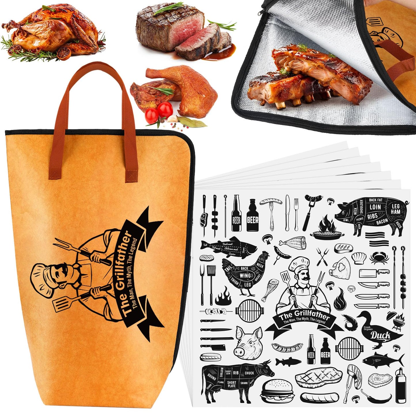 Frienda 21" BBQ Meat Resting Bag with 50 Sheets Butcher Paper, Insulated BBQ Blanket for Brisket, Leakproof Thermal Cooler Bag, Father's Day Smoker Accessories Grilling Gift for Men Dad(Yellow)