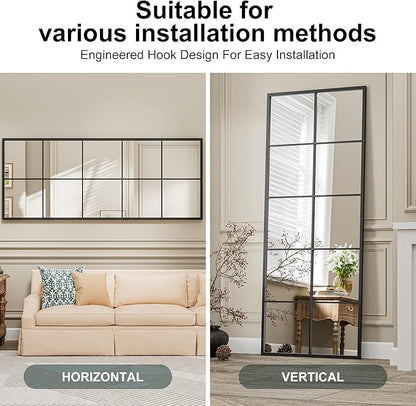 Full Length Mirror, 65"x24" Window Pane Mirror for Wall Decor, Black Full Body or Wall Mounted Mirrors, Farmhouse Standing Mirrors Hanging or Leaning for Living Room, Entryway, No Stand