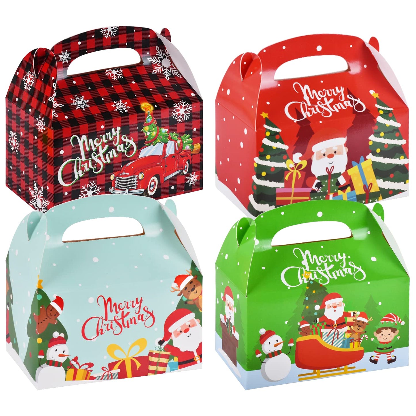 Gatherfun 24 Pieces Christmas Treat Box Candy Gable Boxes Goodie Boxes Cardboard Present Box Cookie with Handles for Christmas Party Favors, 6.2 x 3.5 x 3.5 Inches, 4 Designs