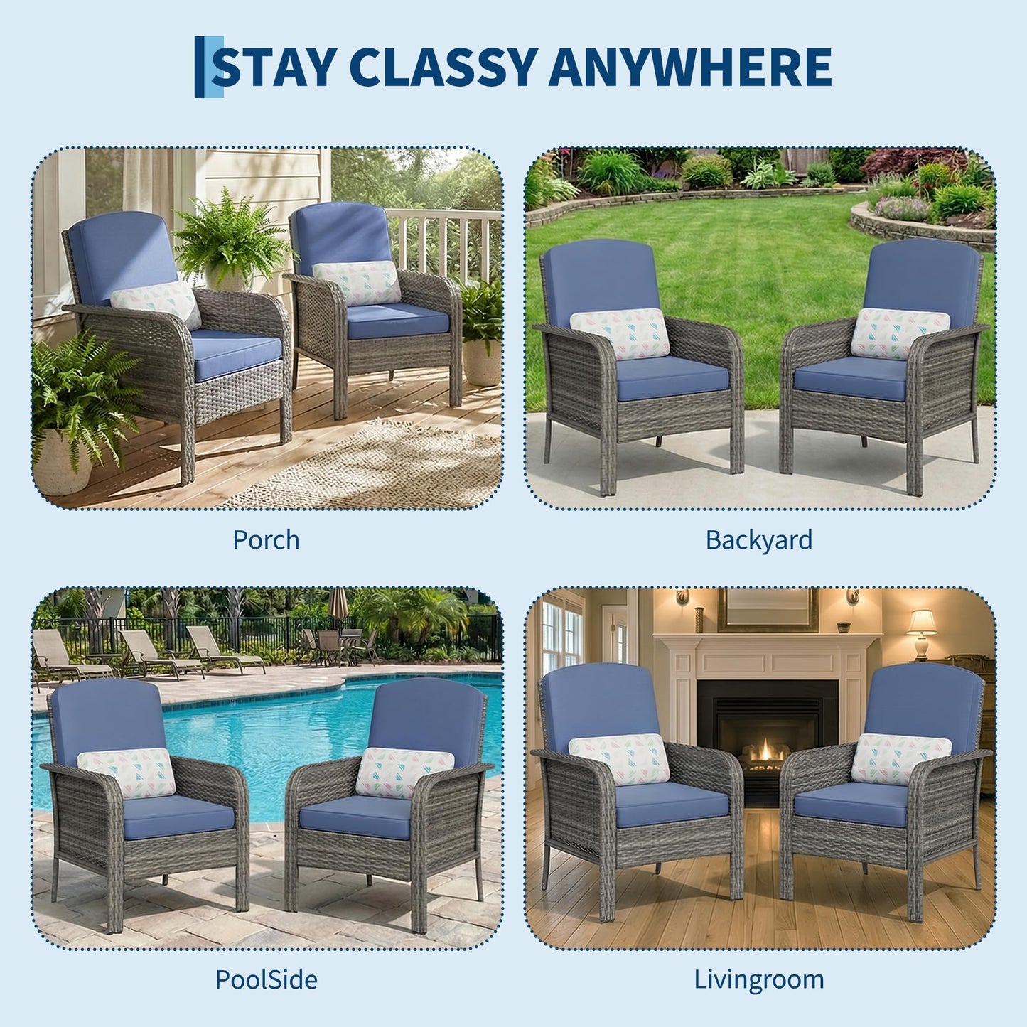 GarveeHome 2-Piece Outdoor Patio Furniture Set, All-Weather Rattan Chairs with Thick Cushions, High Back Wicker Lounge Chairs for Porch, Deck, Garden, Poolside & Backyard (Gray Rattan, Blue Cushion)