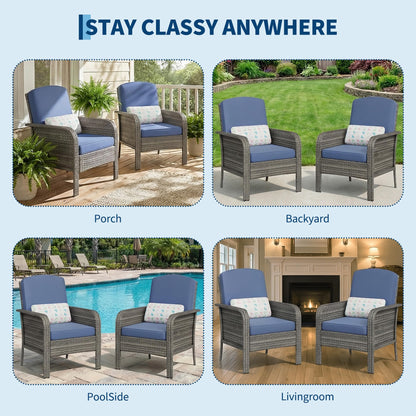 GarveeHome 2-Piece Outdoor Patio Furniture Set, All-Weather Rattan Chairs with Thick Cushions, High Back Wicker Lounge Chairs for Porch, Deck, Garden, Poolside & Backyard (Gray Rattan, Blue Cushion)