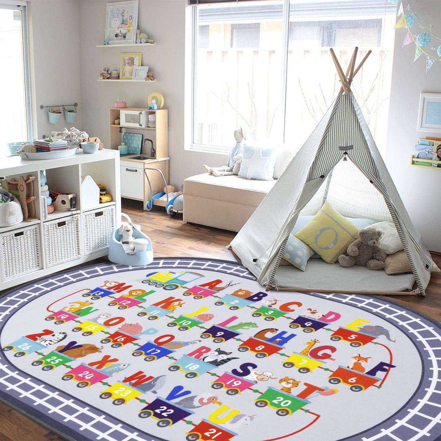 HiiARug Small Playroom Rug, Kids Playmat ABC Alphabet, Numbers, Train and Road Themed Play Mat Educational Floor Carpet for Classroom Kids Bedroom Decor,Grey, 3'3" x 5'