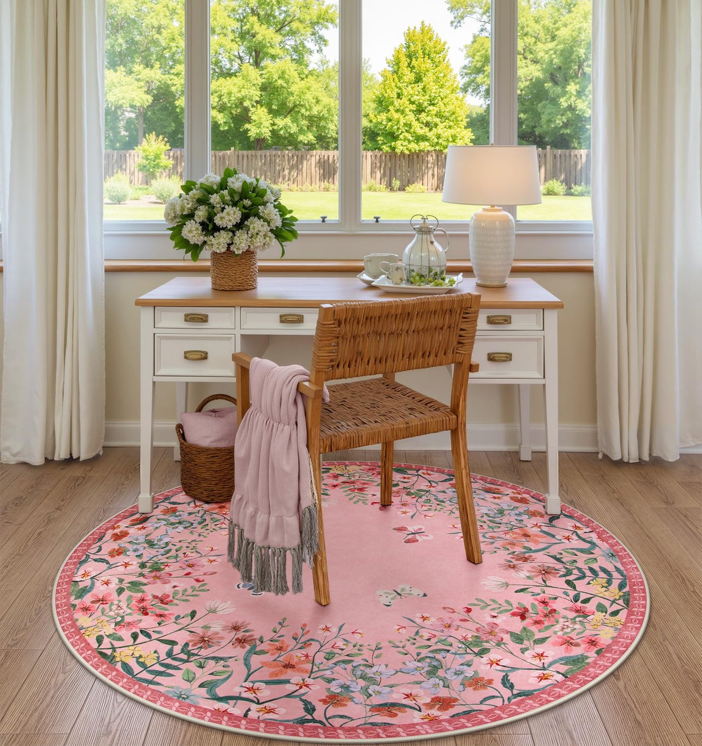 Wonnitar 5ft Round Washable Area Rug, Pink Floral Nursery Rug, Low Pile Soft Circle Rug for Kids Playroom, Boho Flower Accent Carpet, Girls Room Vanity Decor (5ft Round Pink)