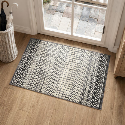 Nailttos Moroccan Area Rug, 2x3 Black Distressed Entryway Rug Non-Slip Small Rug, Soft Low-Pile Washable Indoor Door Mat Floor Carpet for Entrance Bedroom Kitchen Bathroom