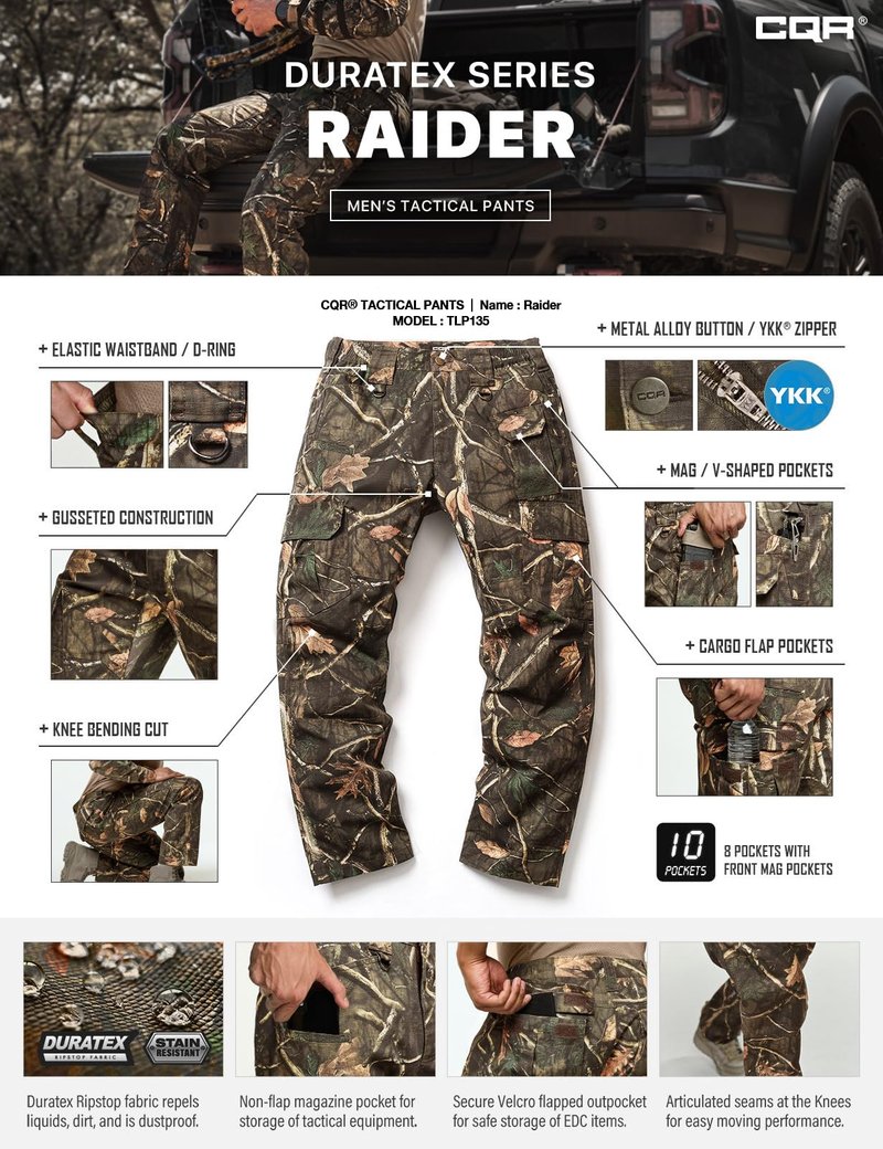 CQR Men's Tactical Pants, Water Resistant Ripstop Cargo Pants, Lightweight EDC Work Hiking Pants, Outdoor Apparel, Duratex Mag Pocket Print Hunting Camo, 30W x 30L