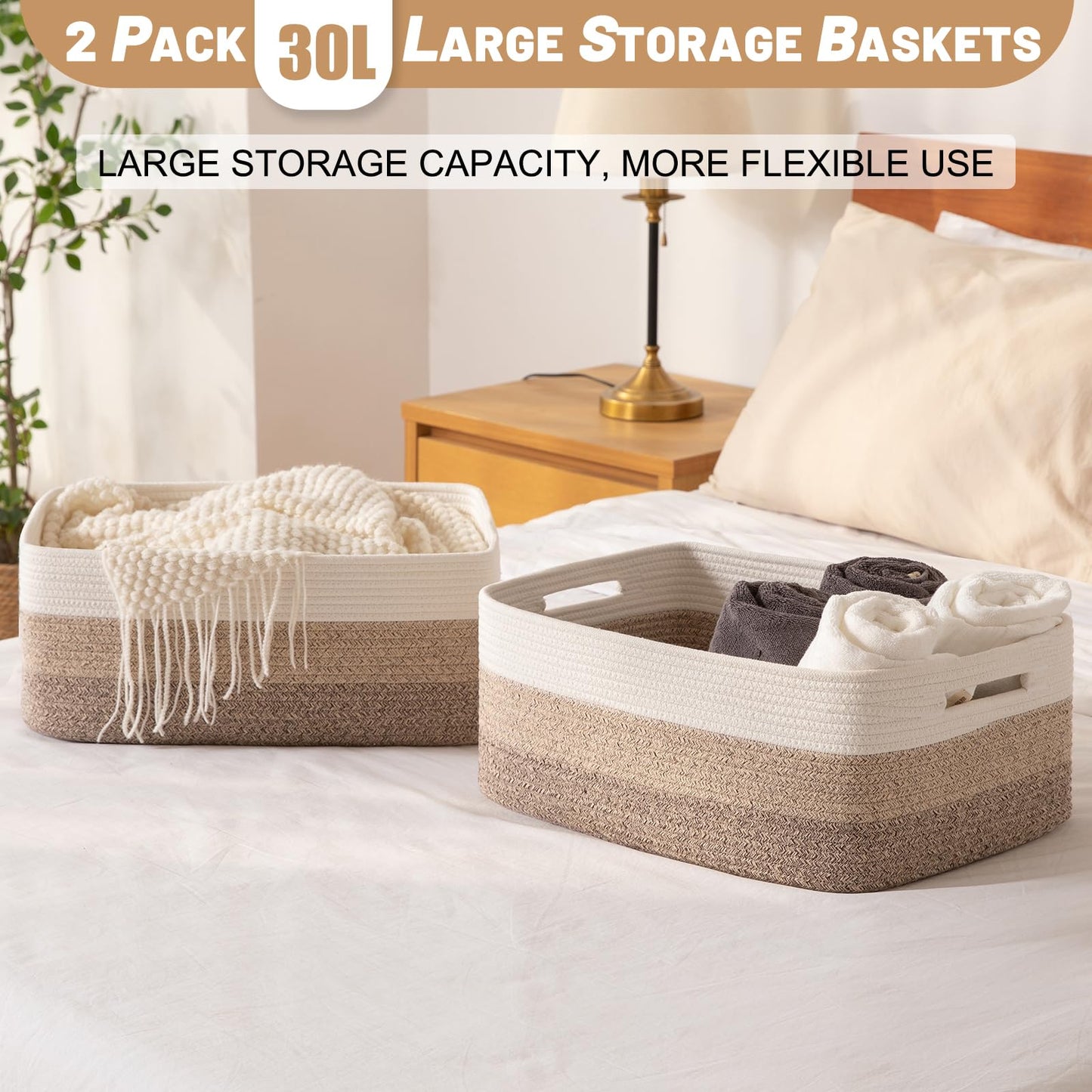OIASKET Large Storage Basket for Organizing, Woven Rope Basket for Shelves, Closet Organizer Bins for Clothes, Blanket, Toys, Baby Nursery Storage, 17.7" x 13" x 7.87", 2 Packs Gradient Yellow