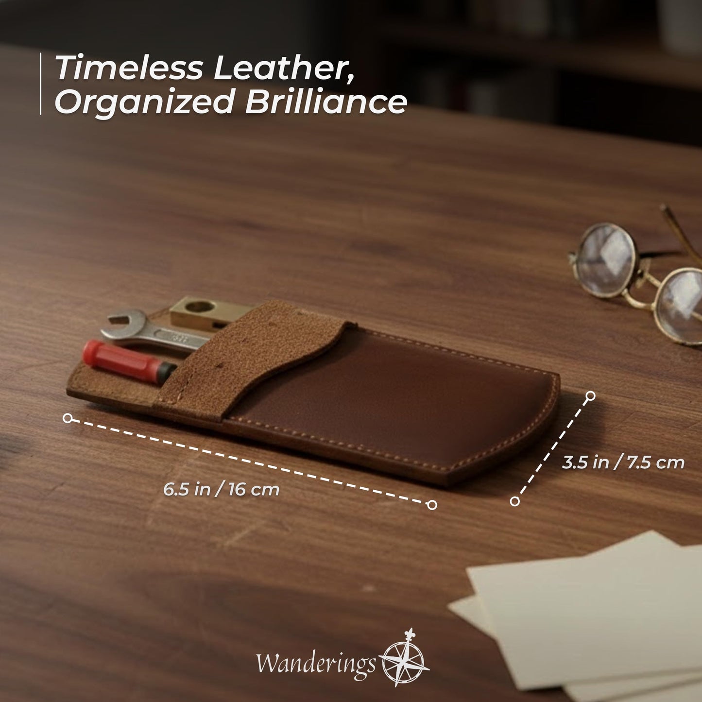Wanderings Genuine Leather Pocket Protector - 3.5" x 6.25" - Handmade Leather Pen and Pencil Pocket Pouch Organizer for Office and Home - Pocket Pen Holder, Tool Pouch