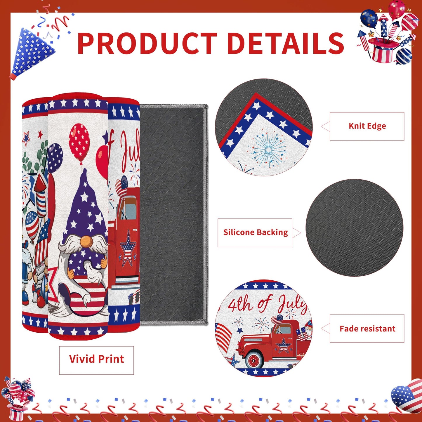 4th of July Kitchen Rugs Set, 3 Pcs Patriotic Gnome Runner Rug and Floor Mat, Americana Truck Decor for Kitchen Entryway, Red White Blue