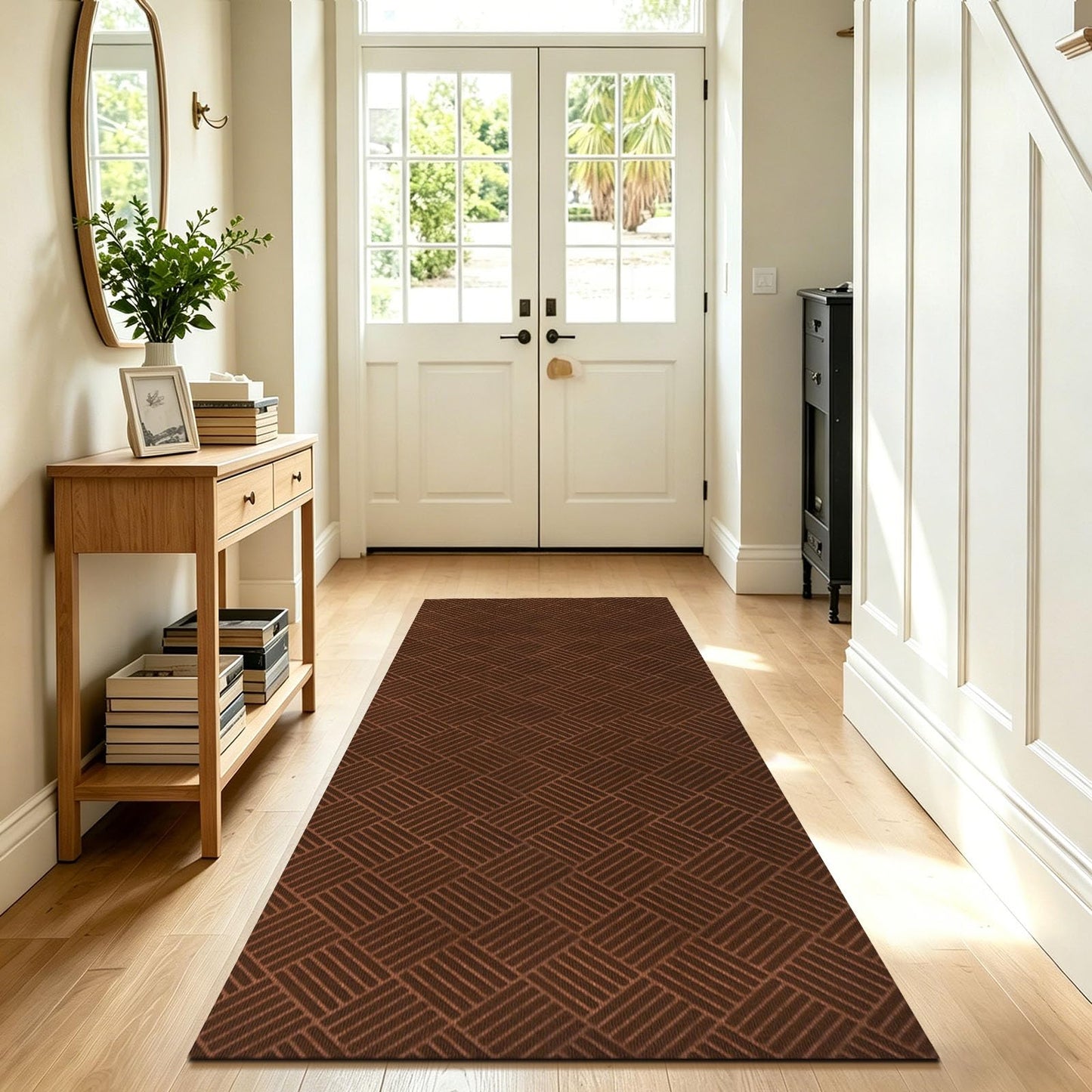 Runner Rugs with Rubber Backing for Hallway,3’x10’Fine Stripe Embossing Non-Slip Indoor Outdoor Doormat,for Entryway Balcony Patio Kitchen Garage Stair Laundry,Brown