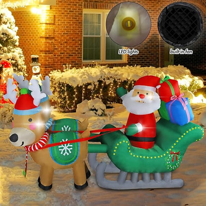 MorTime 6.7 FT Christmas Inflatable Santa Claus on Sleigh Pulled by Two Reindeers with Gift Boxes, Blow up Lighted Xmas Yard Decor with LED Lights for Christmas Outdoor Decorations